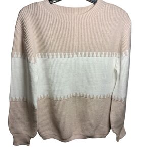Women's Color Block Knit Sweater Sz S Boho Long Sleeves Cream/White